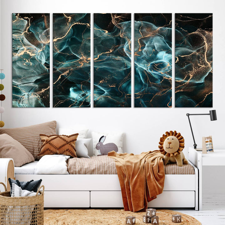 Neon Blue Marble Smokey Effect Wall Art Abstract Canvas Wall Art Print