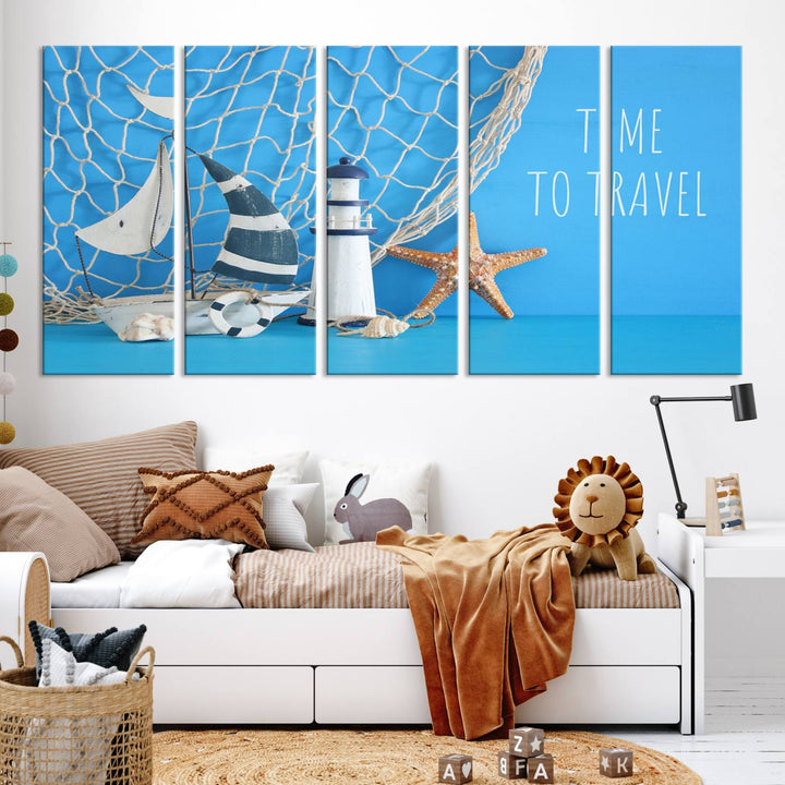 Sailing Boat Starfish and Lighthouse Wall Art Canvas Print