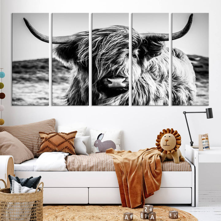 Scottish Cow Black and White Wall Canvas Art Print Farm House