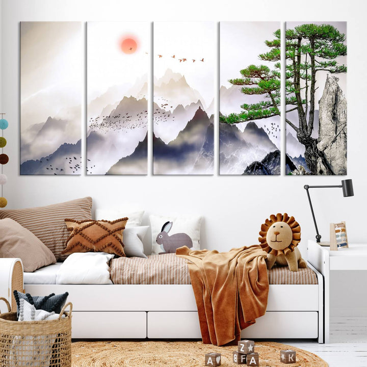 Japanese Tree Mountain Wall Art Canvas Print