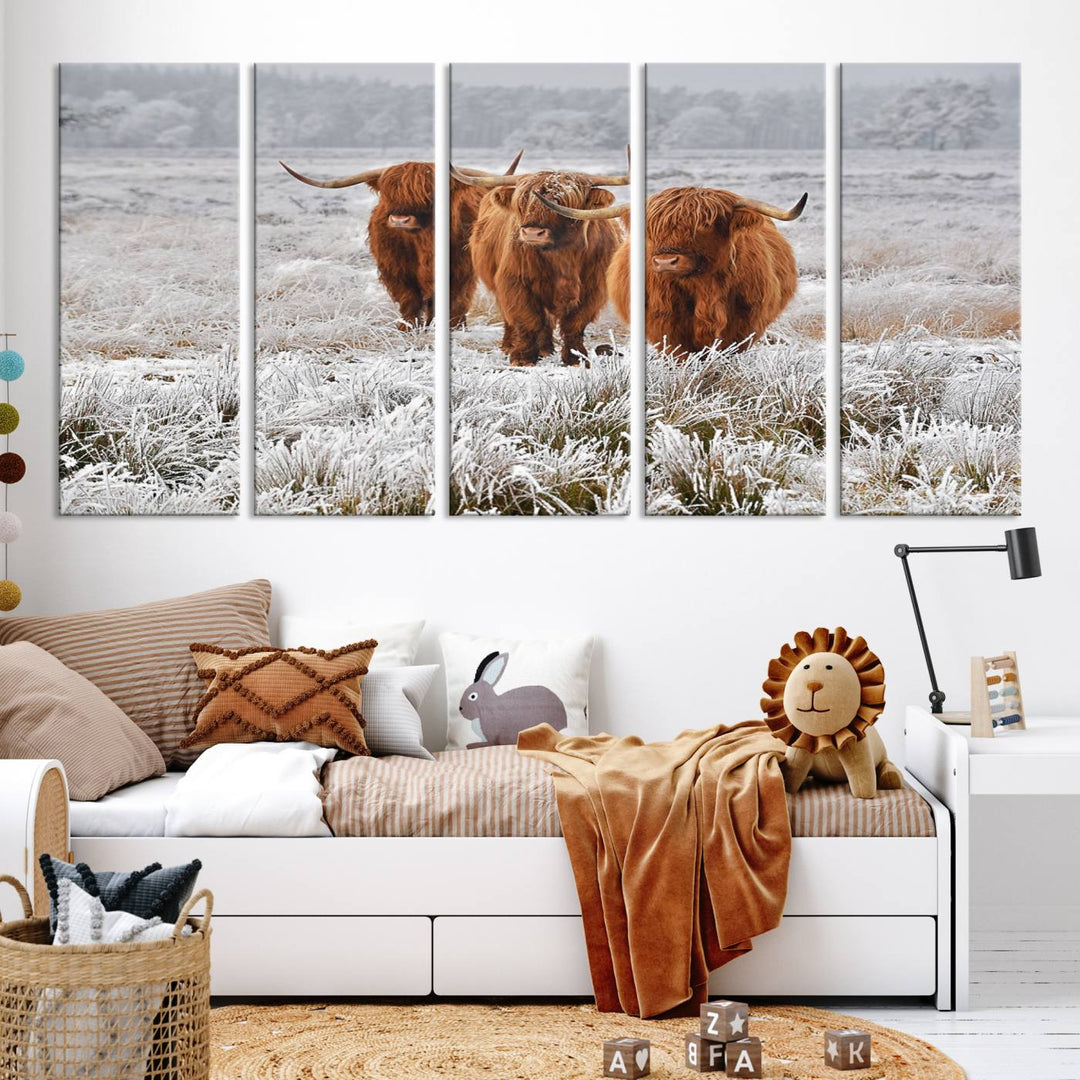 Vaches des Highlands dans la neige Art sur toile Highland Cattle Picture Art Farmhouse Art