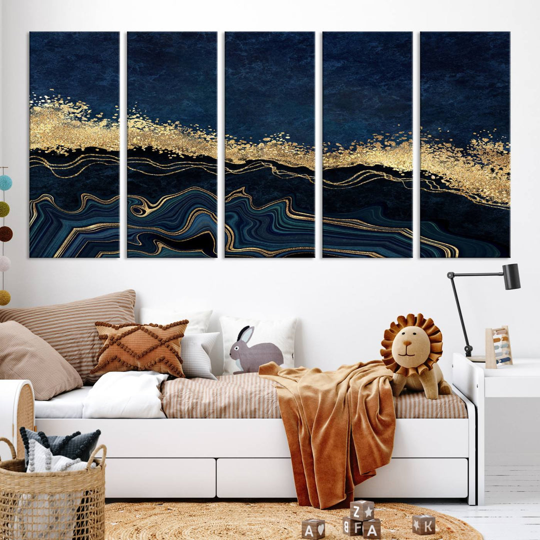 Navy Blue Marble Fluid Effect Large Wall Art Modern Abstract Canvas Wall Art Print