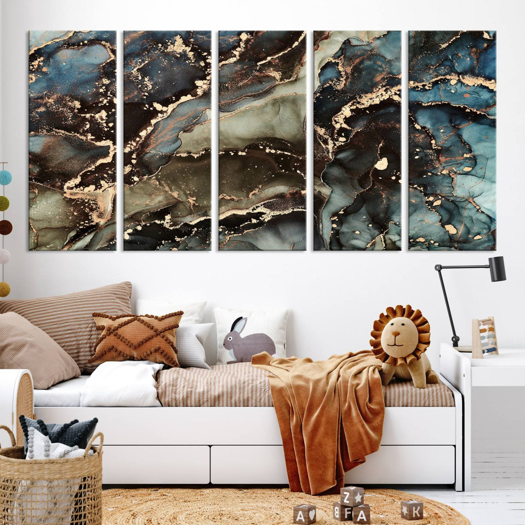 Black and Blue Marble Fluid Effect Wall Art Abstract Canvas Wall Art Print