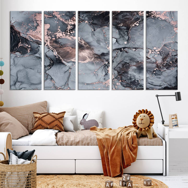 Gray and Rose Gold Marble Fluid Effect Wall Art Abstract Canvas Wall Art Print