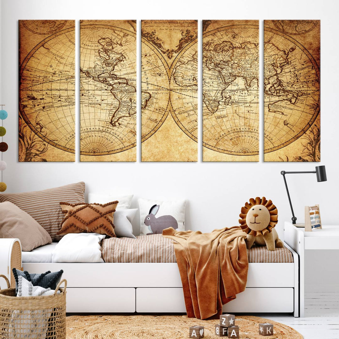 91276 - Industrial detallado Push Pin Travel Map World -3 Panel Set, Push Pin Map World, Mapa de lienzo, Arte de pared grande, Arte industrial, Arte de mapa mundial