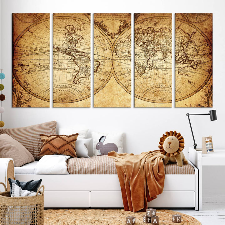 Vintage World Map Wall Art | 3-Panel Canvas Print for Living Room, Office, or Study | Giclee Canvas with Antique Design