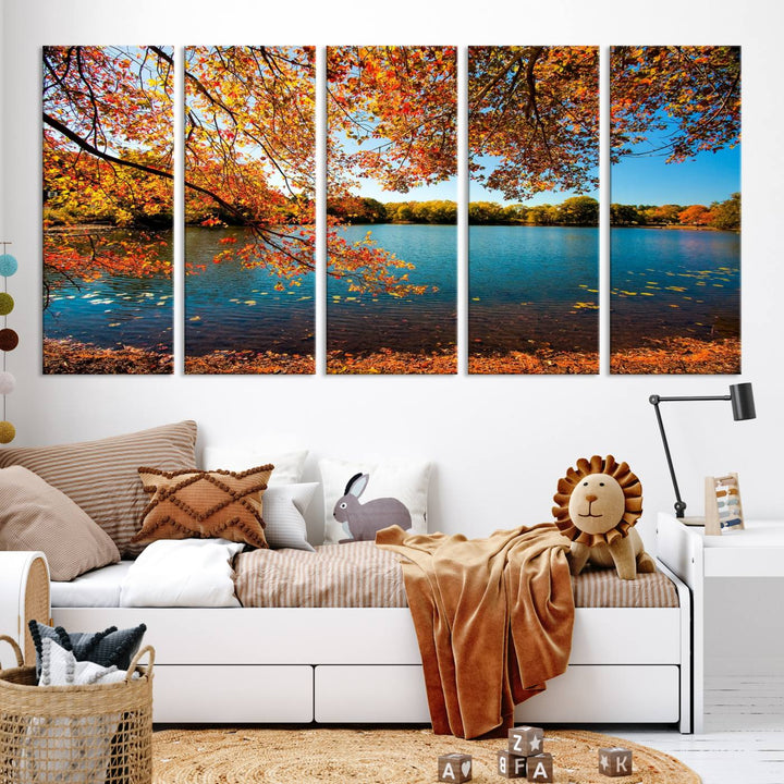 Lienzo decorativo para pared grande con diseño de árbol otoñal y lago otoñal