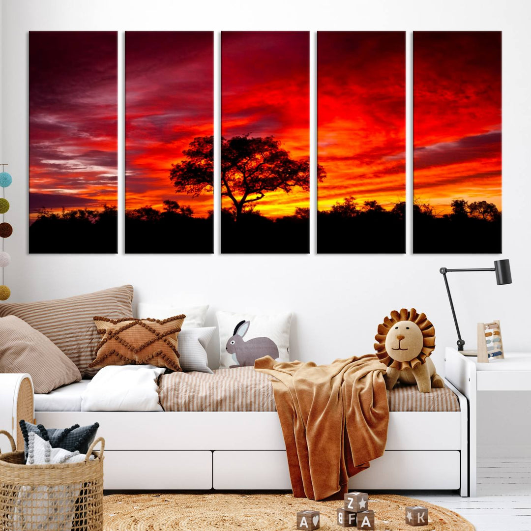 Red Sunset Landscape Artwork Printing, Forest Tree Wall Art Canvas Print