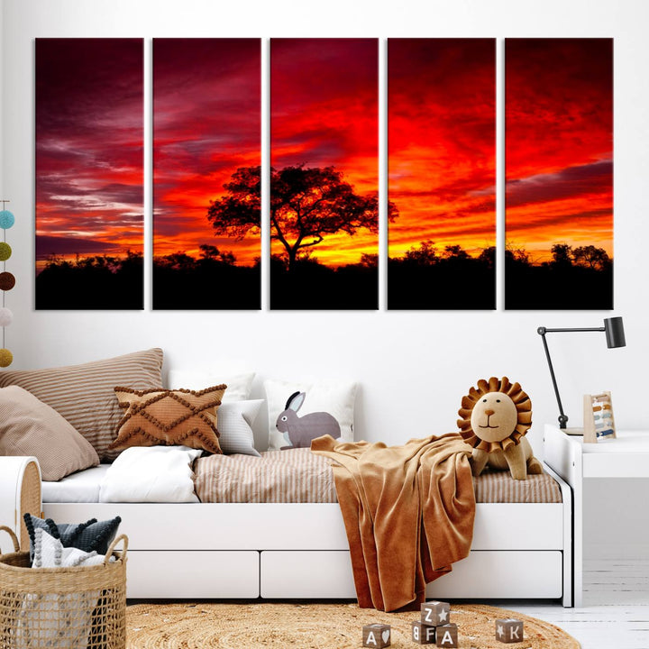 Red Sunset Landscape Artwork Printing, Forest Tree Wall Art Canvas Print