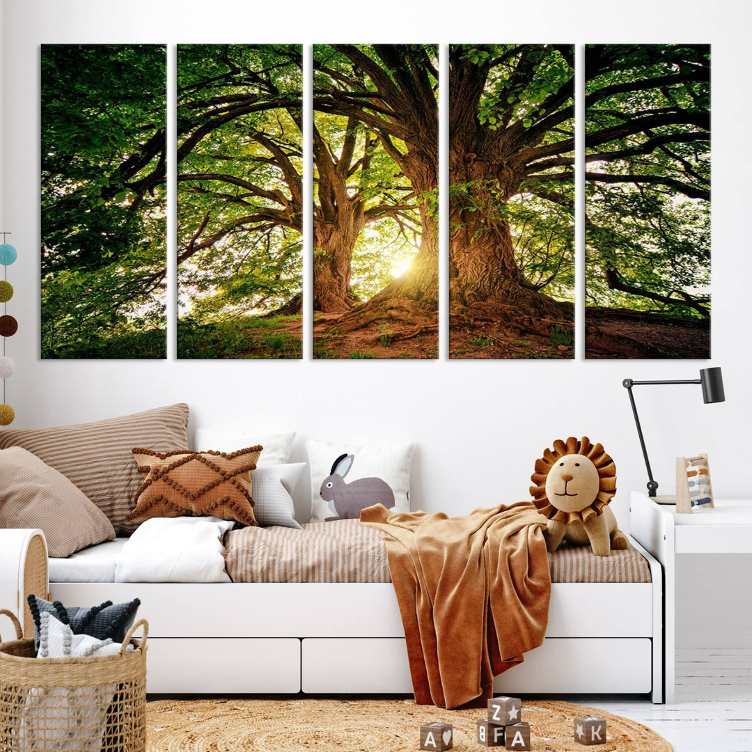 Majestic Ancient Tree Wall Art, Nature-Inspired Canvas Print, Woodland Art, Tree of Life Artwork, Sunlit Forest, Giclee Nature Print