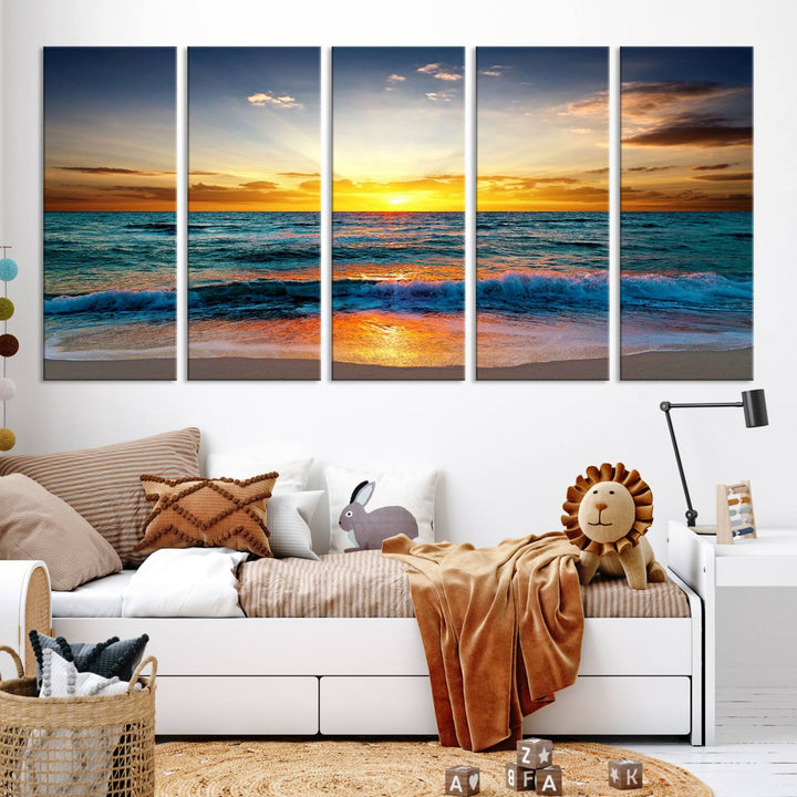 Vibrant Ocean Sunrise Over Golden Beach Waves, Giclee Canvas Wall Art Set, High-Quality Stretched Canvas Print, Ready to Hang Coastal Sunset Wall