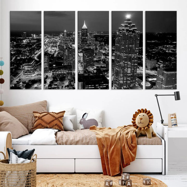 The Atlanta City Lights Skyline Black and White Wall Art Cityscape Canvas Print is elegantly displayed on the wall. These museum-quality canvases arrive ready to hang, making your art display both effortless and sophisticated.