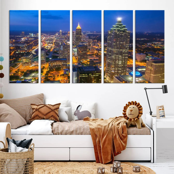 An elegant Atlanta City Blue Skyline Cityscape View Wall Art Canvas Print graces the wall, offering a sophisticated addition to your living space. Enjoy free shipping on this stylish piece.