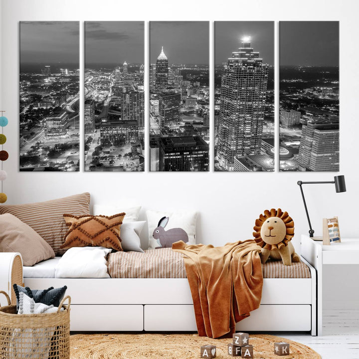 Atlanta City Skyline Art mural noir et blanc Paysage urbain Impression sur toile