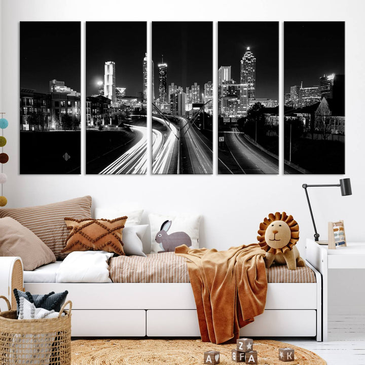 Atlanta City Lights Skyline Art mural noir et blanc Paysage urbain Impression sur toile