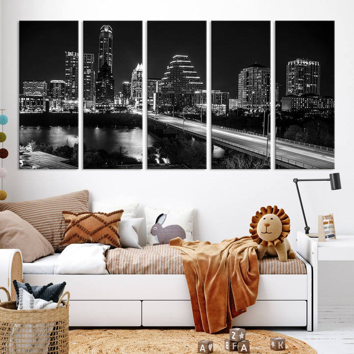 Austin City Lights Skyline Art mural noir et blanc Paysage urbain Impression sur toile