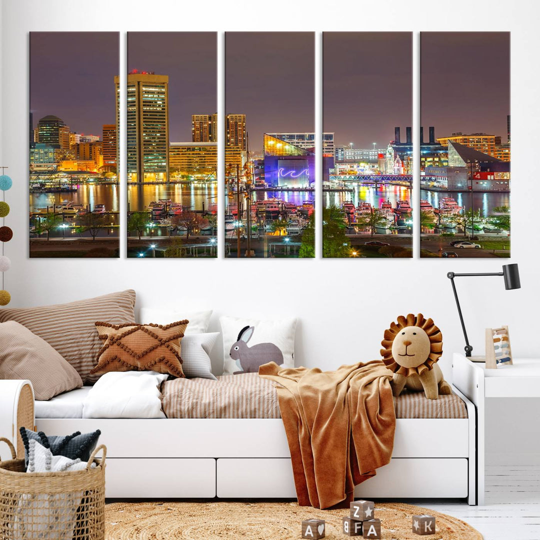 The Baltimore City Lights Night Skyline Cityscape View Wall Art Canvas Print is elegantly displayed on museum-quality canvas.