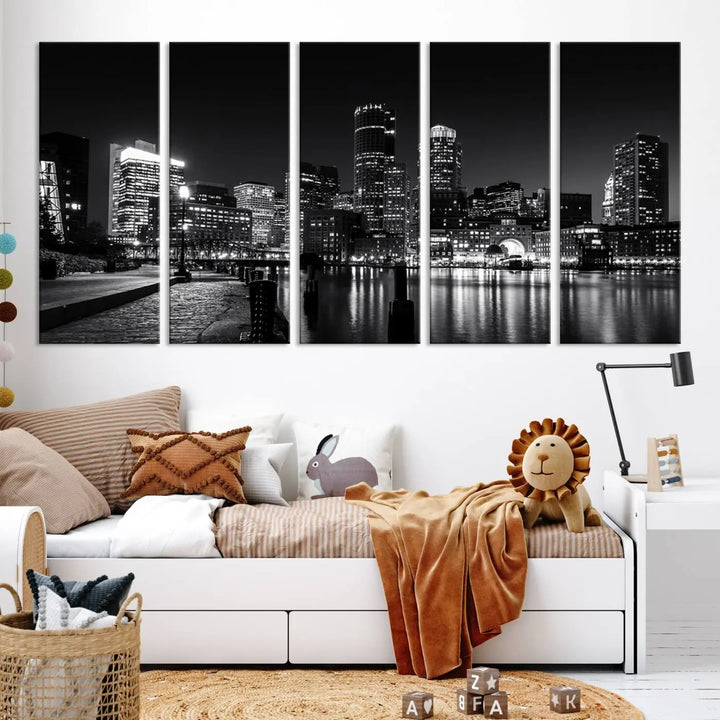 The living room showcases the Boston City Lights Skyline Black and White Wall Art Canvas Print.