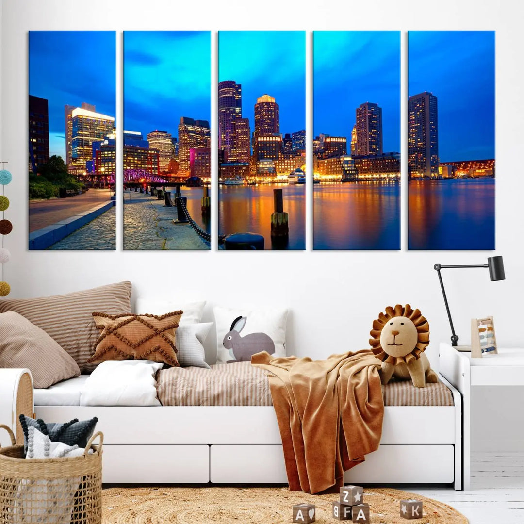 A triptych of the "Boston City Lights Night Blue Skyline Cityscape View Wall Art Canvas Print" adorns the wall. This museum-quality canvas artwork is ready to hang and includes a UV-protective coating for lasting brilliance.