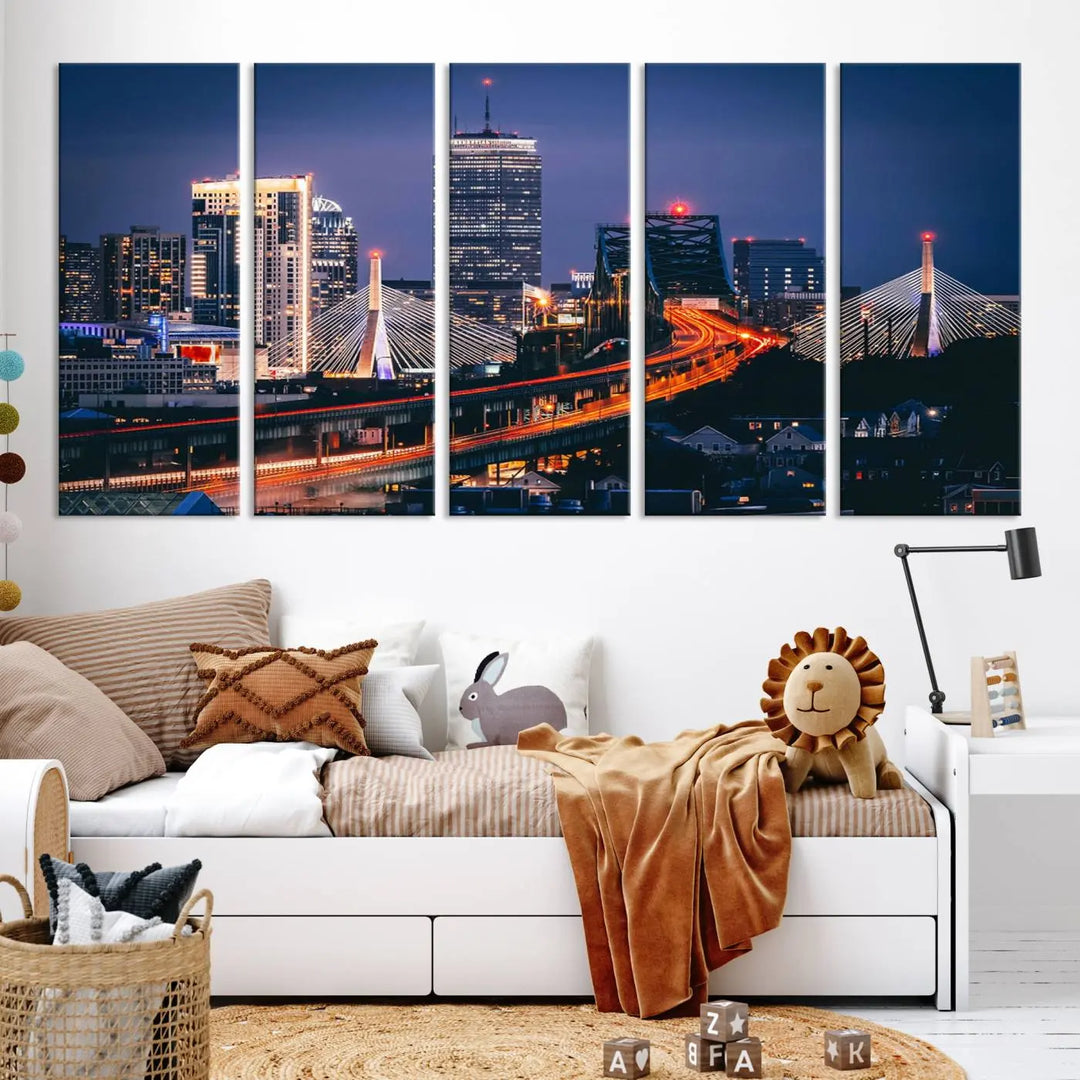 The "Boston City Lights Night Skyline Cityscape View" artwork on the wall showcases a brightly lit bridge at night. It is displayed on museum-quality canvas with a UV-protective coating.