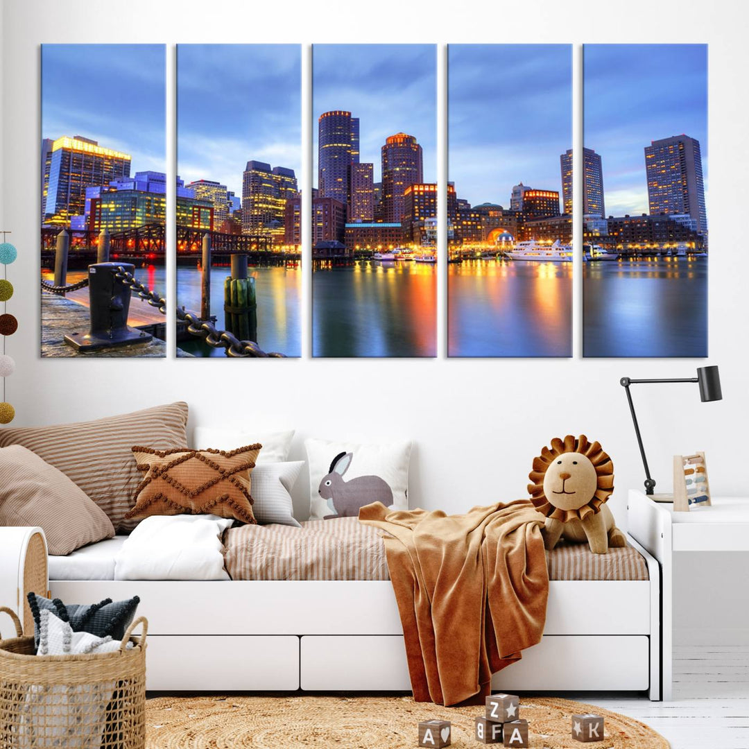 The Boston City Lights Sunset Cloudy Blue Skyline Cityscape View Wall Art Canvas Print embellishes a contemporary living room. This gallery-wrapped canvas set guarantees museum-quality canvases to enhance any space.