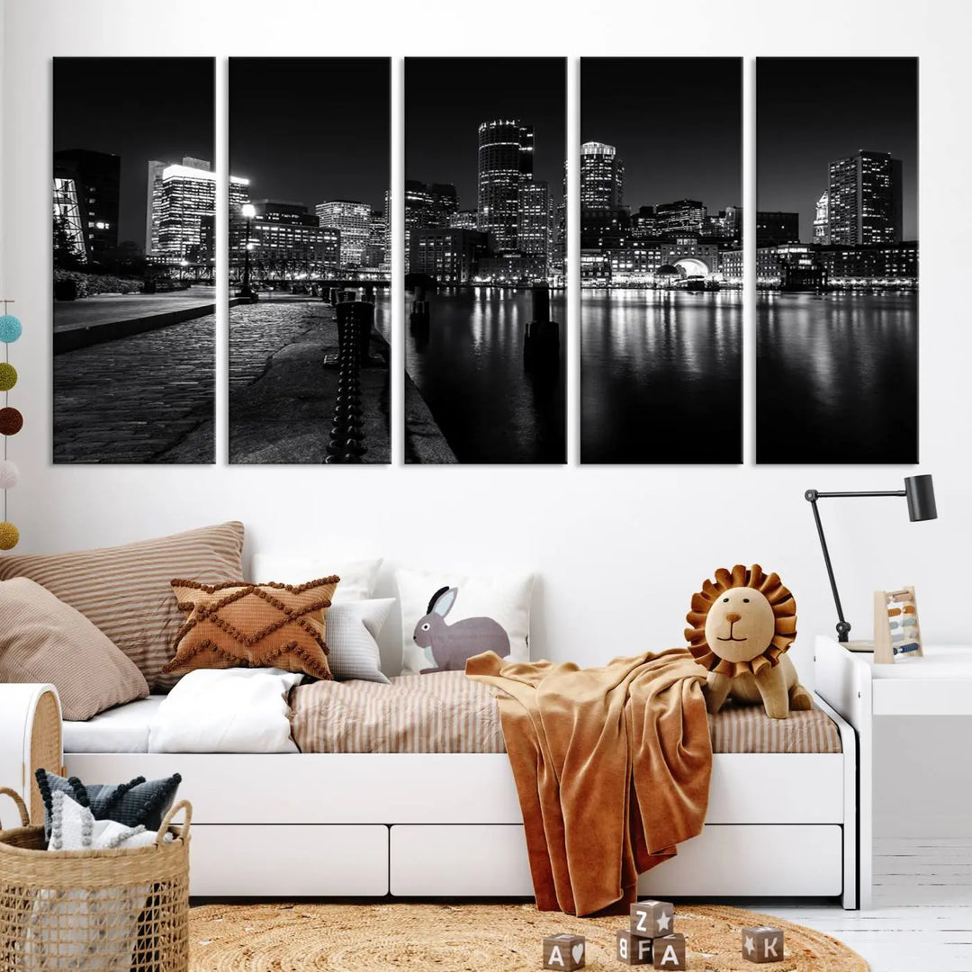 The Boston City Lights Skyline Black and White Wall Art Cityscape Canvas Print portrays a triptych of the city skyline at night reflecting on a calm river. This museum-quality canvas features UV-protective finishes to preserve its timeless allure.