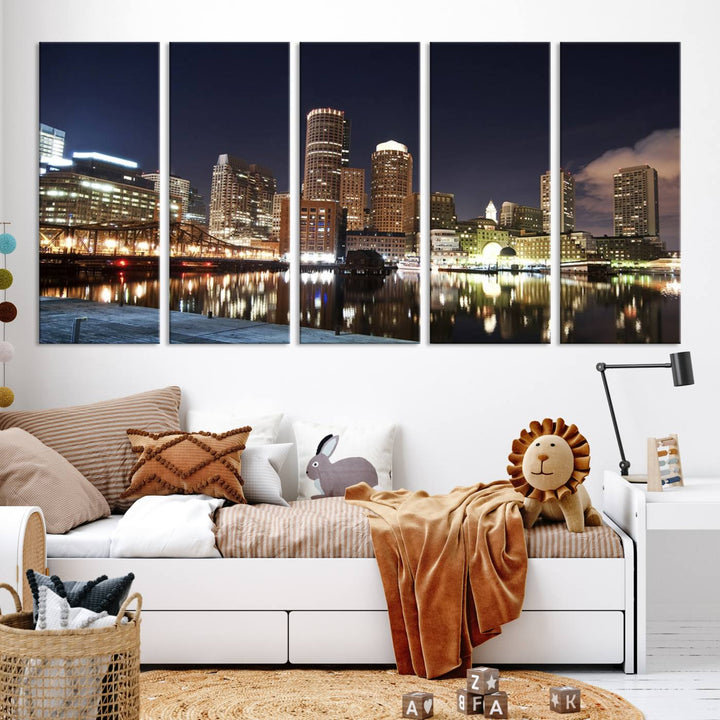 The Boston City Lights Skyline Cityscape View Wall Art Canvas Print showcases a nighttime cityscape on museum-quality canvas.