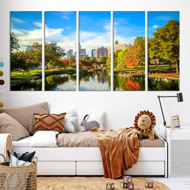 The Charlotte City Park at Spring Skyline Cityscape View wall art canvas print is a triptych featuring a scenic park with a lake and city skyline. It is gallery-wrapped on museum-quality canvases.