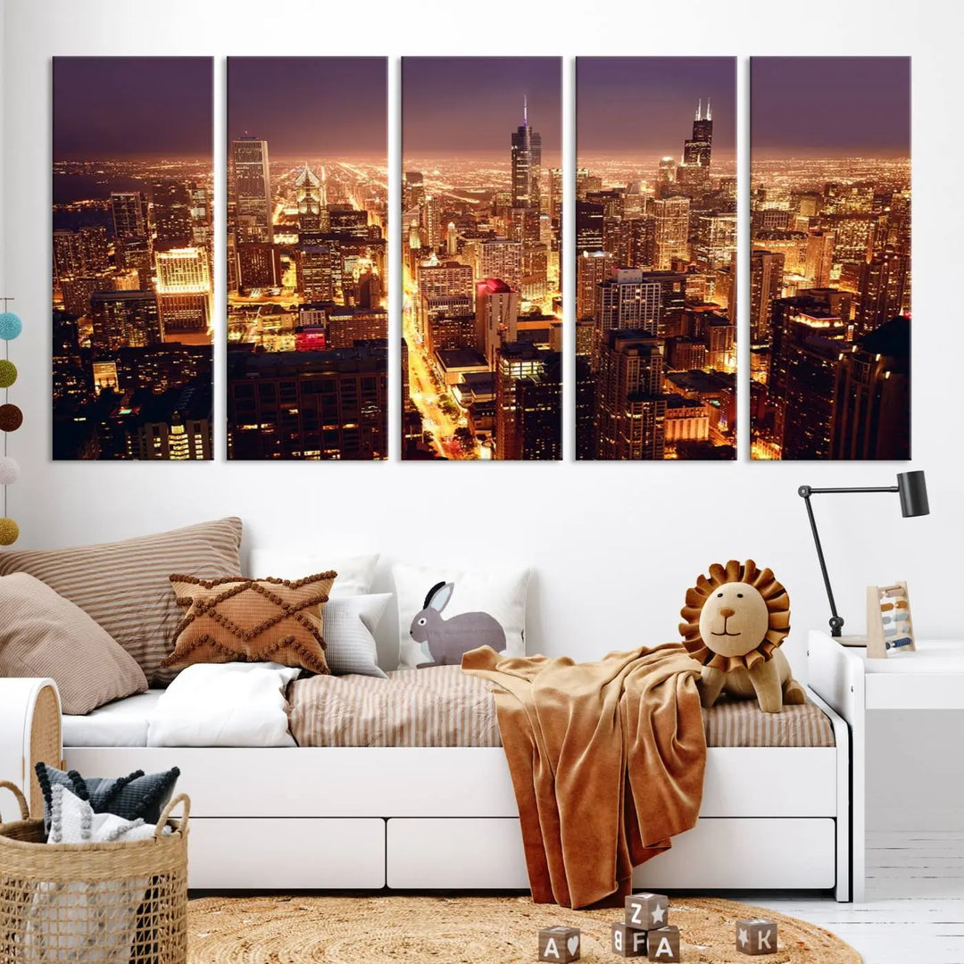 A large artwork showcasing the Chicago Night Skyline cityscape is elegantly displayed on a gallery-wrapped, museum-quality canvas.