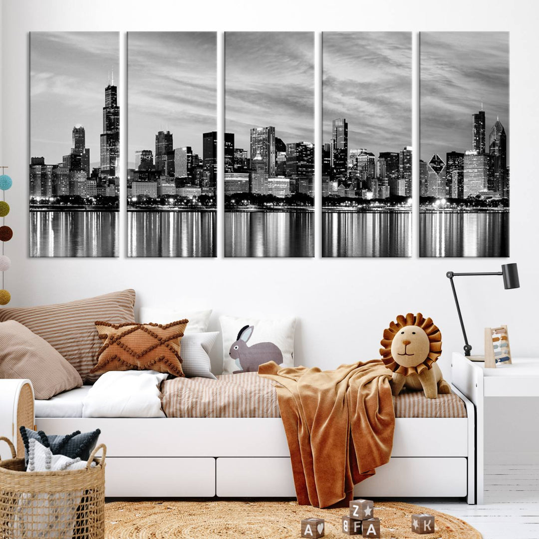 Chicago City Cloudy Skyline Black and White Wall Art Cityscape Canvas Print