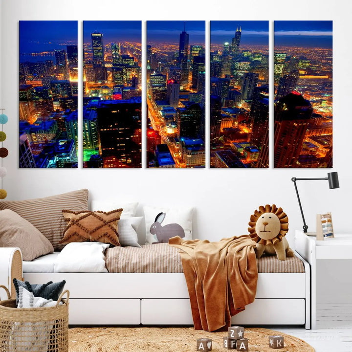 The "Chicago Night Skyline Wall Art" on museum-quality canvas adds long-lasting appeal to the living room.