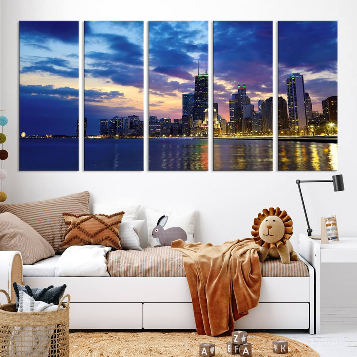 Chicago City Lights Nuit Nuageux Bleu Skyline Cityscape View Wall Art Impression sur toile