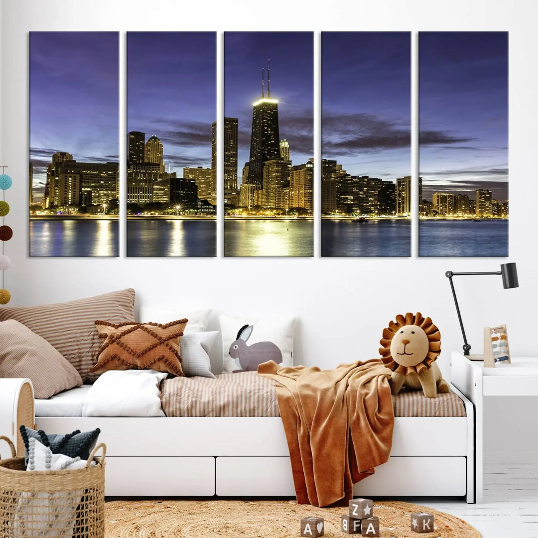 Chicago Night Skyline Cityscape Canvas Picture Print is a stunning three-panel wall art piece, perfect for adding sophistication to any setting. Crafted by professional artisans, this artwork features museum-quality canvases designed to enhance your space. Enjoy free shipping with your purchase.