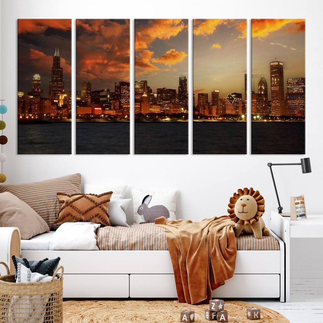 Chicago City Lights Coucher de soleil Orange Nuageux Skyline Paysage urbain Vue Art mural Impression sur toile