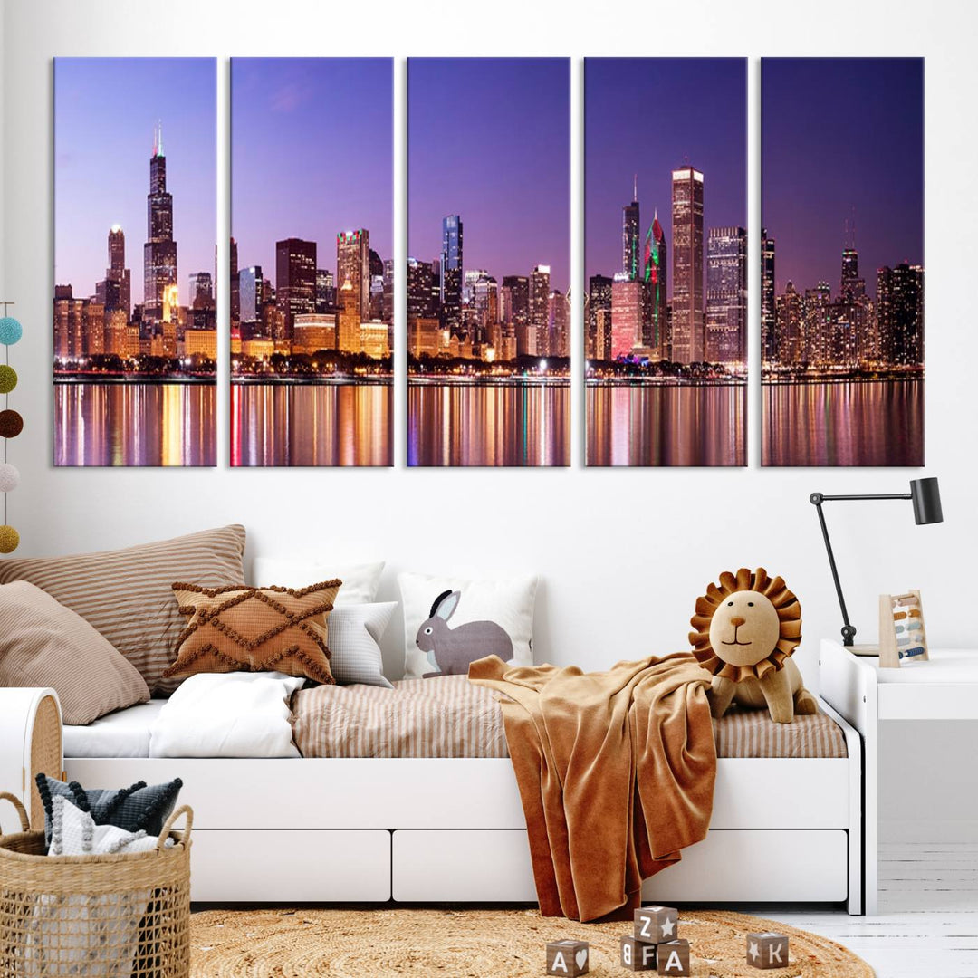 Chicago City Lights Night Purple Skyline Cityscape View Wall Art Canvas Print