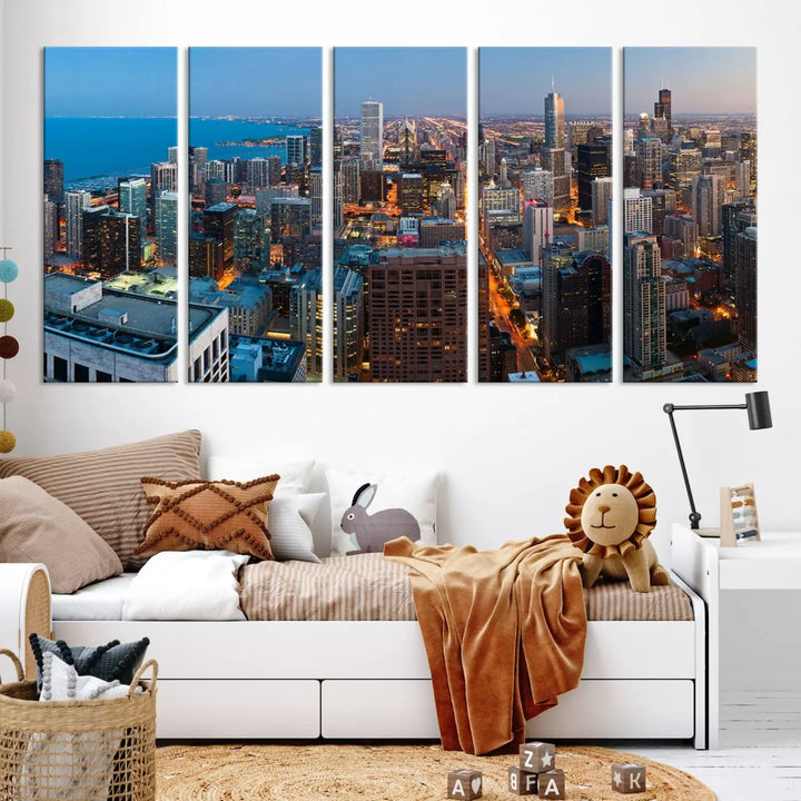 Product Name: Chicago Night Skyline Wall Art City Cityscape

Artwork Description: This artwork is a triptych depicting the Chicago city skyline at night. Created on museum-quality canvas with a UV-protective coating, it comes ready to hang and seamlessly enhances any space.