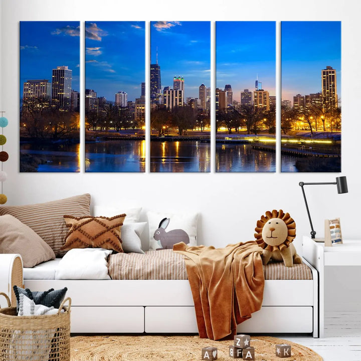 A triptych photo titled "Chicago City Lights Night Blue Skyline Cityscape View Wall Art Canvas Print" is elegantly displayed on gallery-wrapped, museum-quality canvases.