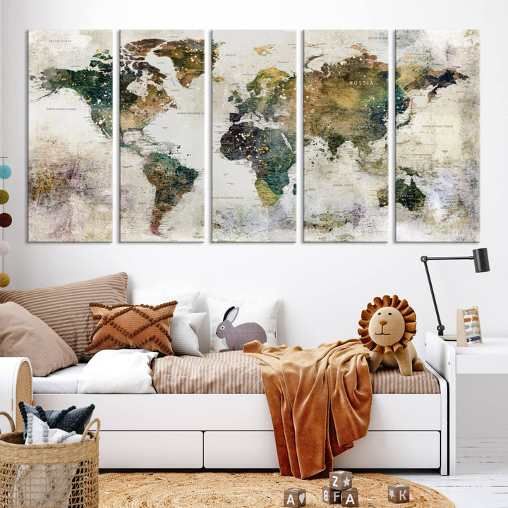 Carte du monde, impression d'art mural, carte sur toile, ensemble mural de 3 panneaux, cadeau, carte de voyage