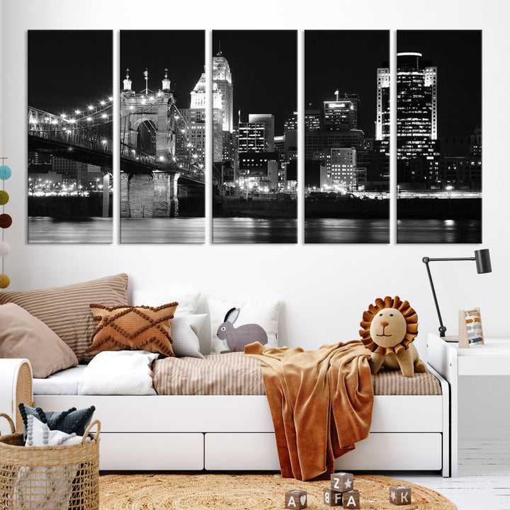 The Cincinnati City Skyline Black and White Wall Art Cityscape Canvas Print is prominently displayed.