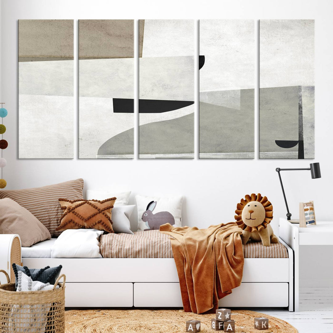 The Brown Gray Figures Abstract Wall Art Canvas Print is displayed as a triptych on a dark wall. The piece is gallery wrapped, offering a seamless finish and enhanced durability due to its UV-protective coating.