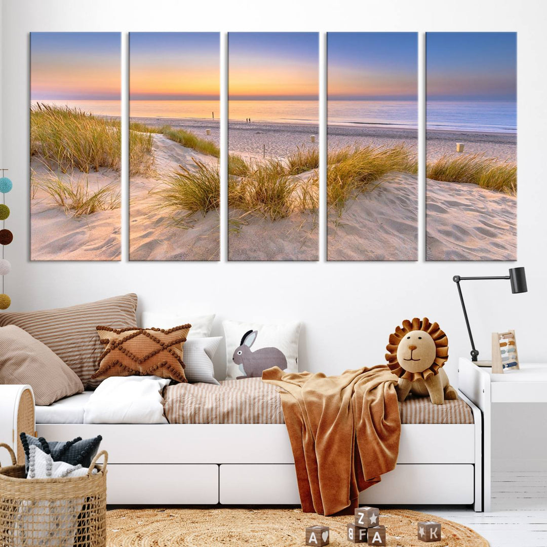 The "Sunset Silence on the Beach" wall art canvas print features a serene beach scene at sunset on museum-quality canvas with a UV-protective coating.