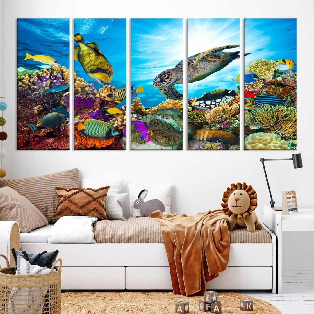 The Aquatic Life Sea Turtles Fish Wall Art Canvas Print is a triptych of vibrant underwater scenes featuring a sea turtle, various fish, and colorful coral. Crafted on museum-quality canvas, this handcrafted masterpiece brings the ocean to life in any space.