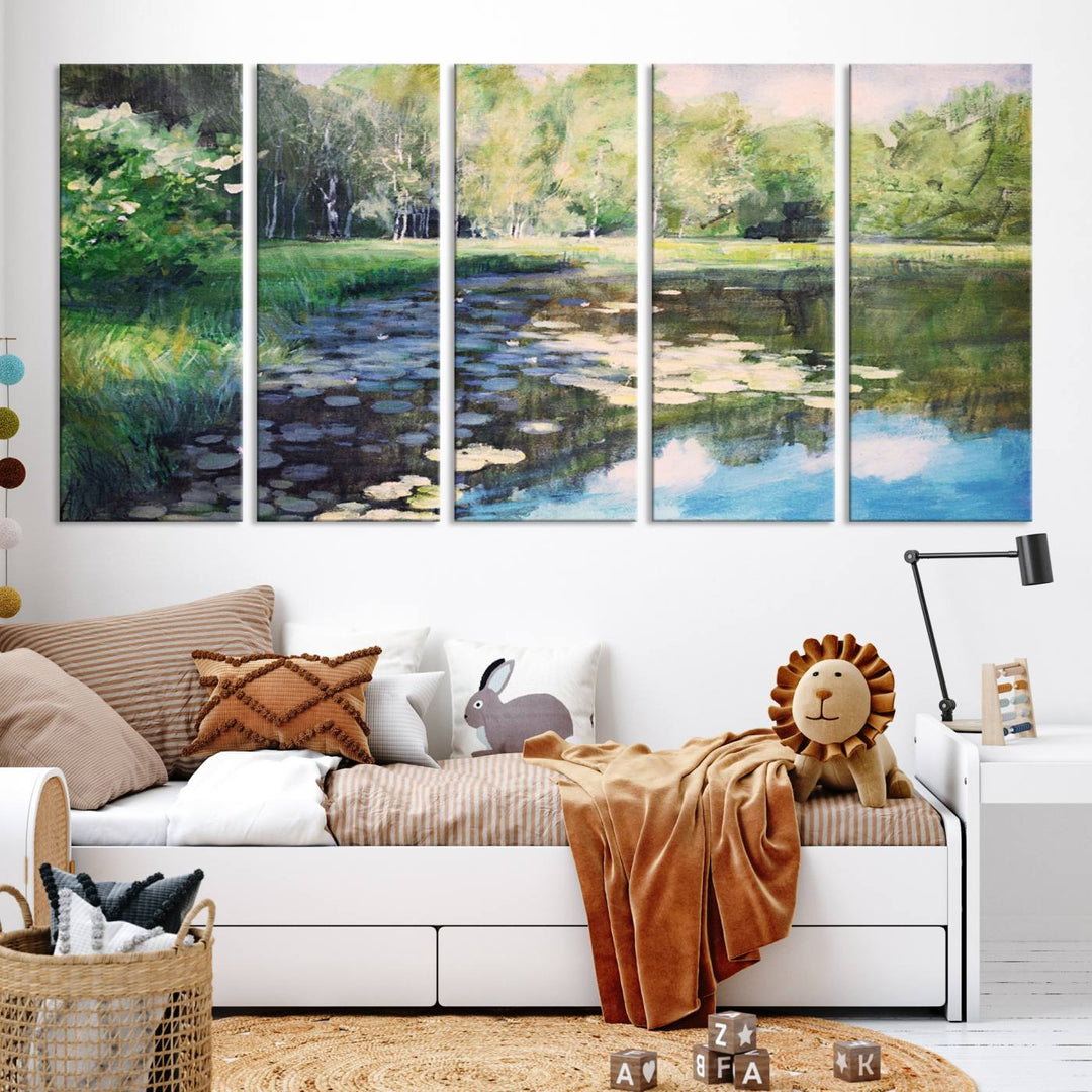 The "Forest Pond River Lake Wall Art Canvas Print" showcases a serene lakeside landscape with trees and water lilies. Crafted on museum-quality canvases and enhanced with UV-protective coating, this piece serves as an elegant addition to any space.