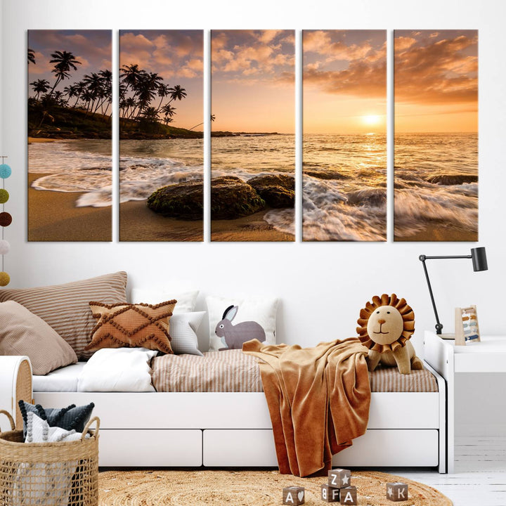 The "Tropical Island Sunset Sunrise Wall Art Canvas Print" is a stunning triptych that showcases a tranquil beach sunset complete with waves and palm trees. Each canvas piece is meticulously hand-assembled and framed using museum-quality polycotton with a UV-protective coating to ensure enduring beauty.