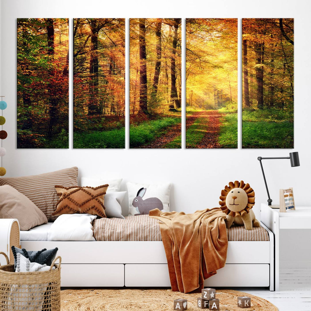 The Sunlight Through Trees Wall Art Canvas Print showcases a sunlit forest path in autumn on gallery-wrapped, museum-quality canvas with UV-protective coating.