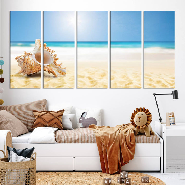 The Sea Shell on The Beach Sun Sand Wall Art Canvas Print is a triptych that beautifully captures a beach scene with a large seashell on the sand.