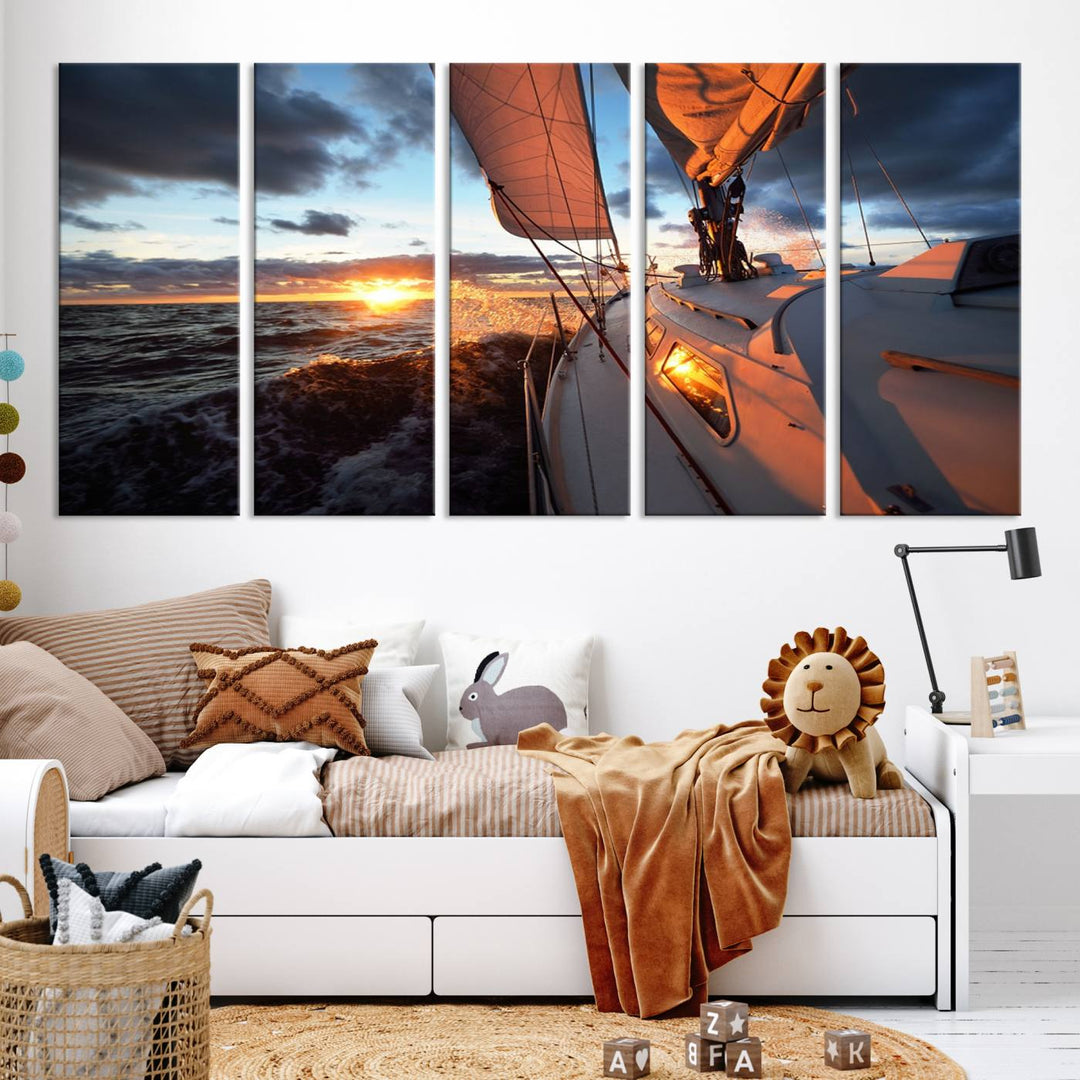 The modern living room is adorned with the Ocean Sunset Sailboat Wall Art, a triptych crafted on museum-quality canvas featuring UV-protective coating for lasting vibrancy.