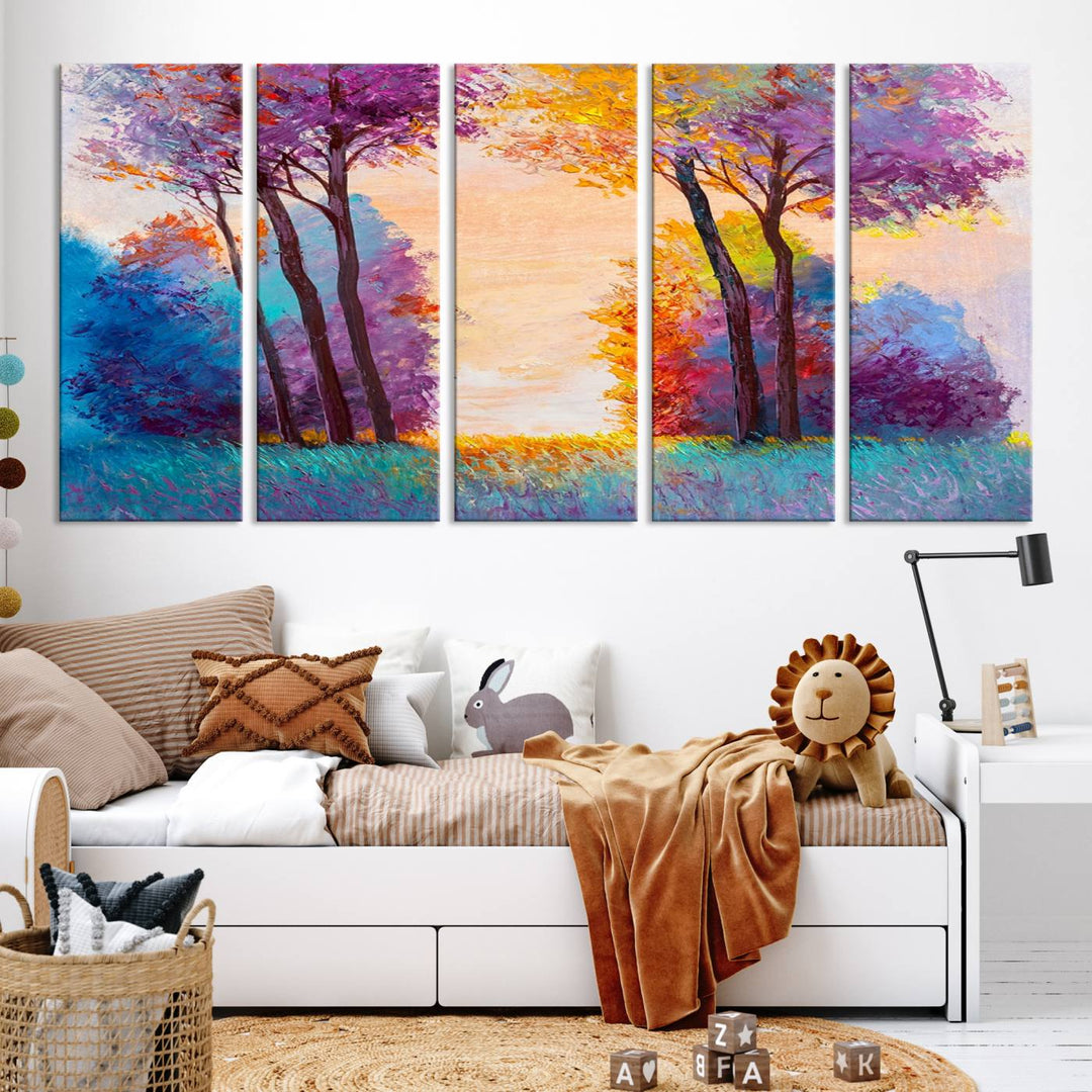 Oil Paint Effect Trees Wall Art Canvas Print features a UV-protective coating for lasting vibrancy.