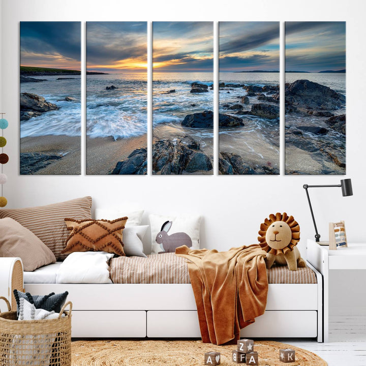 The "Beautiful Stormy Sunset at Bagh Steinigidh Beach Stones" triptych ocean-themed wall art is displayed on museum-quality canvas and features a UV-protective coating.