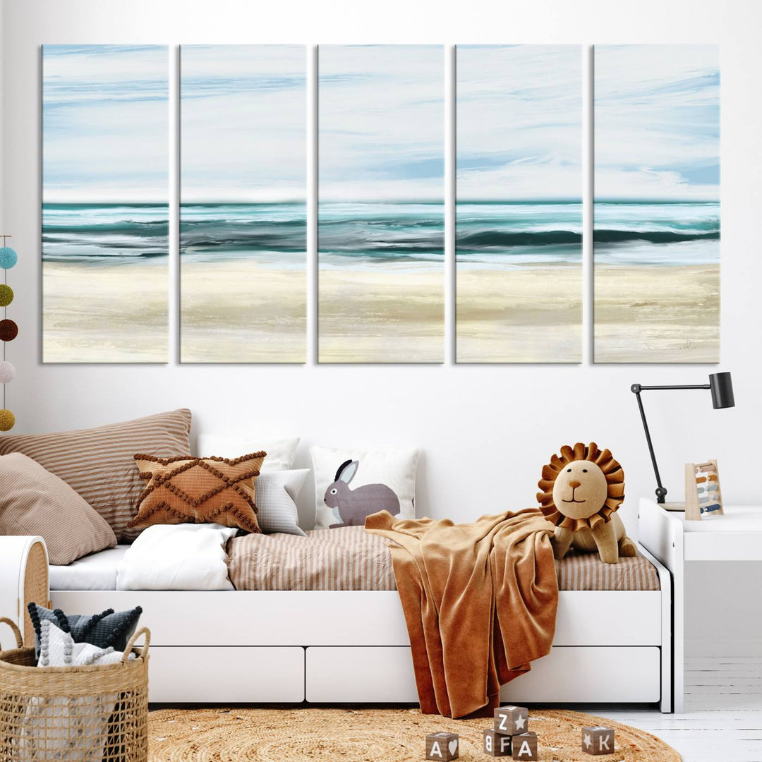 The room features the Ocean Abstract Wall Art Canvas Print, a triptych beach painting on museum-quality canvas with a gallery-wrapped finish and UV-protective coating.